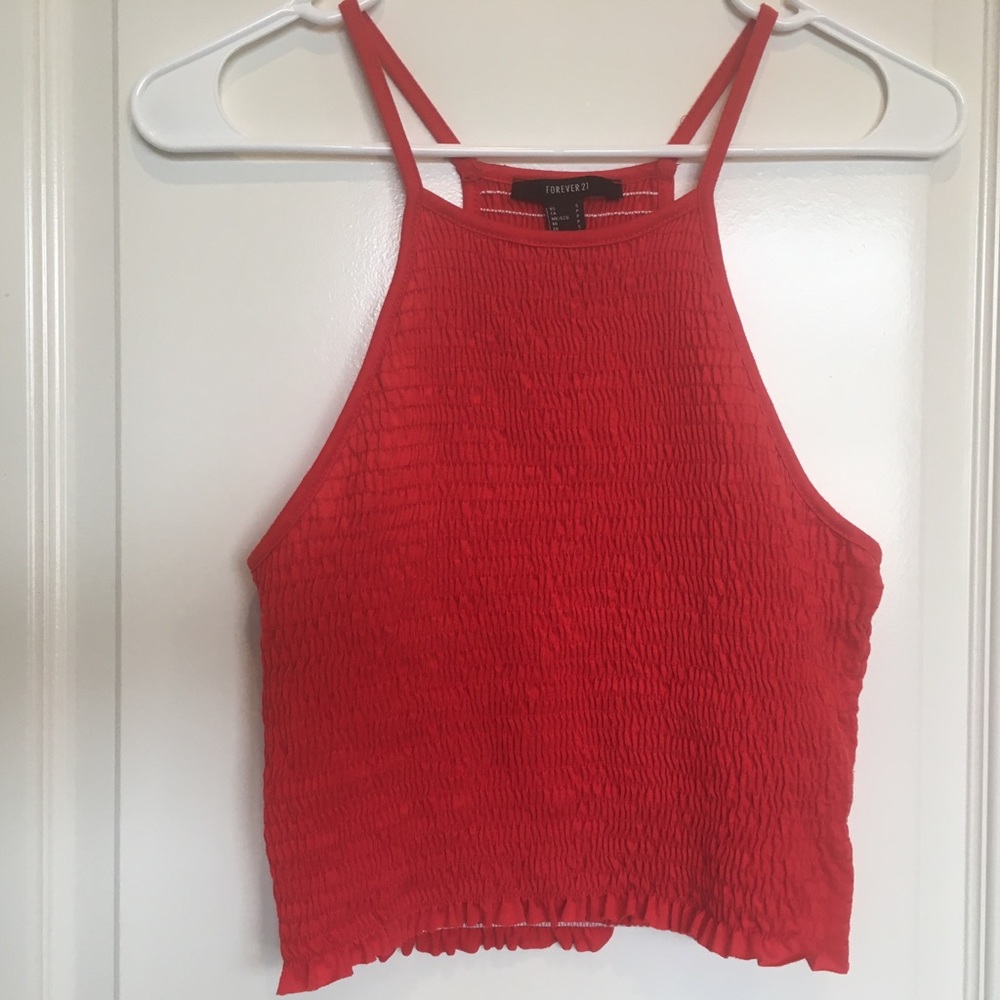 Forever 21 Red Halter Stretchy Smocked Crop Top